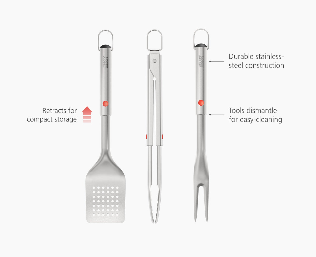 GrillOut™ 3-Piece Stainless-Steel BBQ Turner, Tongs & Fork Set