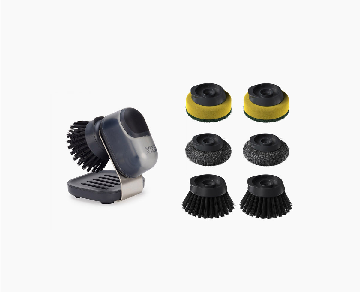 SinkTech™ Compact Soap Dispensing Dish Brush with Steel Stand & Extra Heads