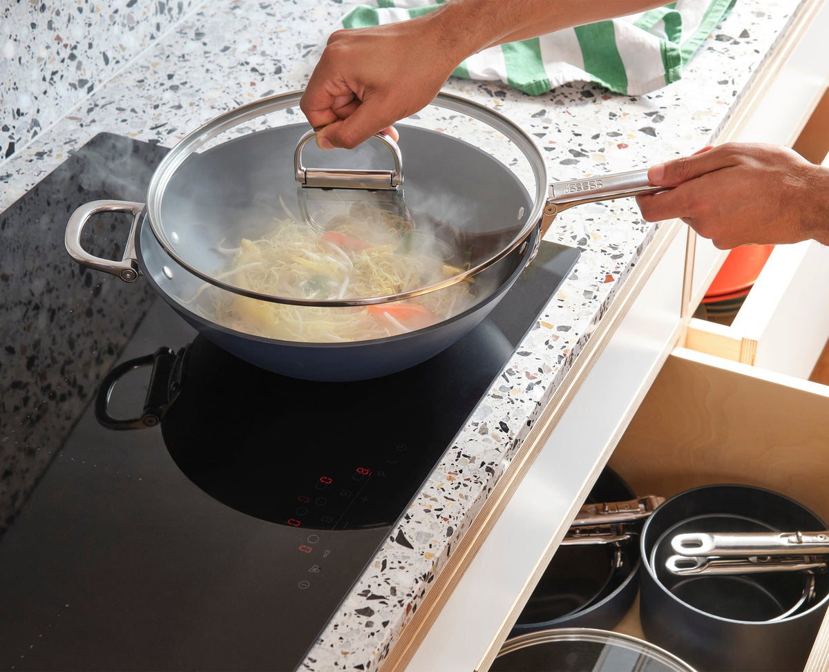 Space Folding Handle Ceramic Non-stick 12.5" Blue Wok & Lid
