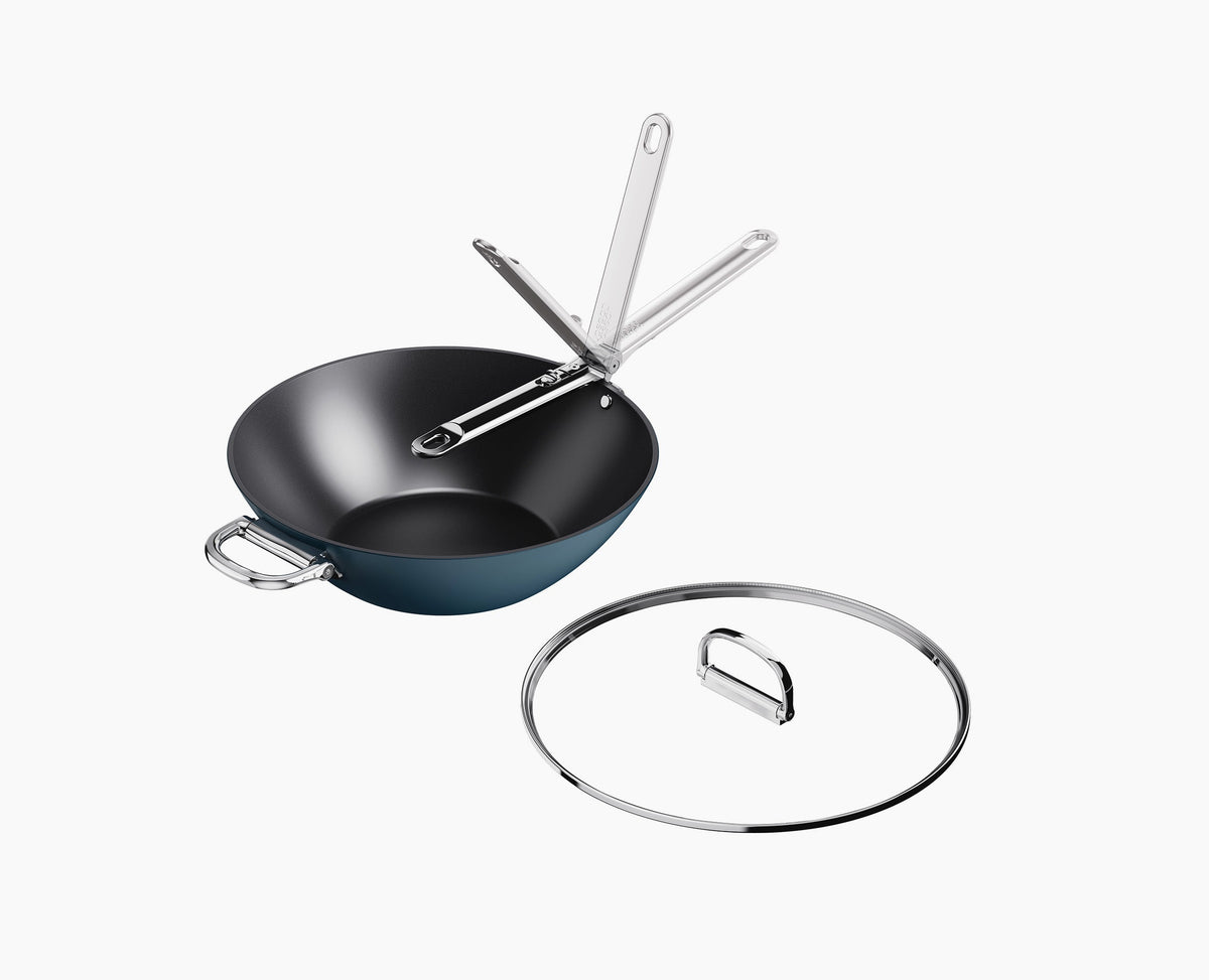 Space Folding Handle Ceramic Non-stick 12.5" Blue Wok & Lid