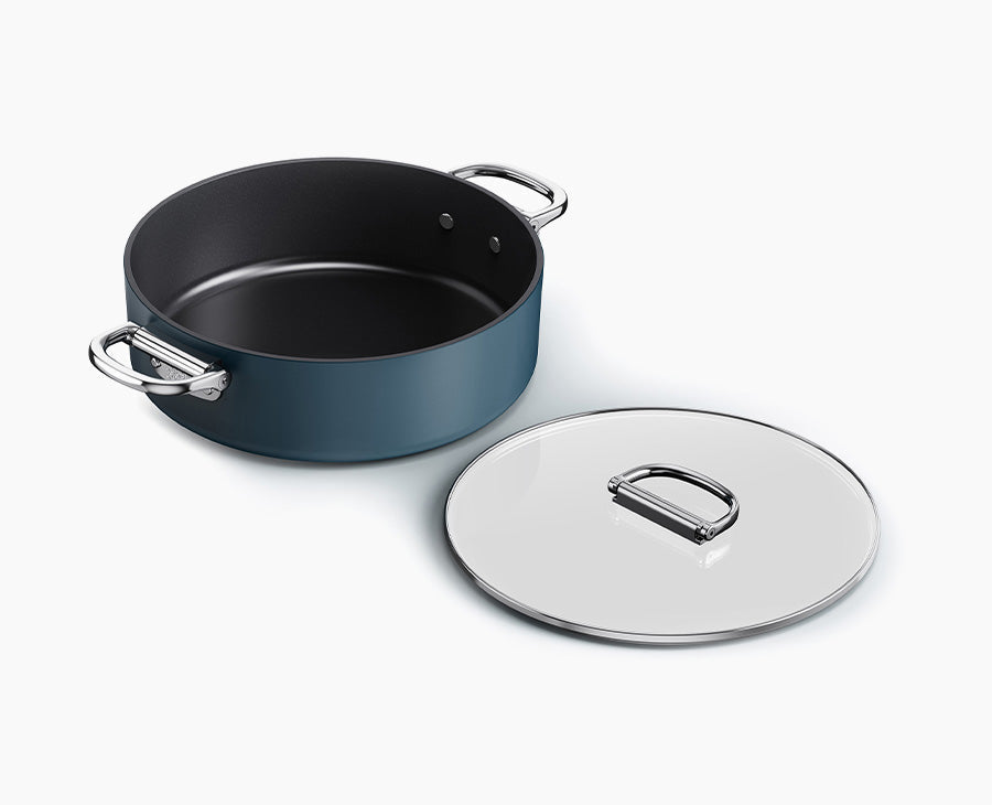 Space Folding Handle Ceramic Non-stick 5 Qt. Blue Shallow Casserole Pan & Lid