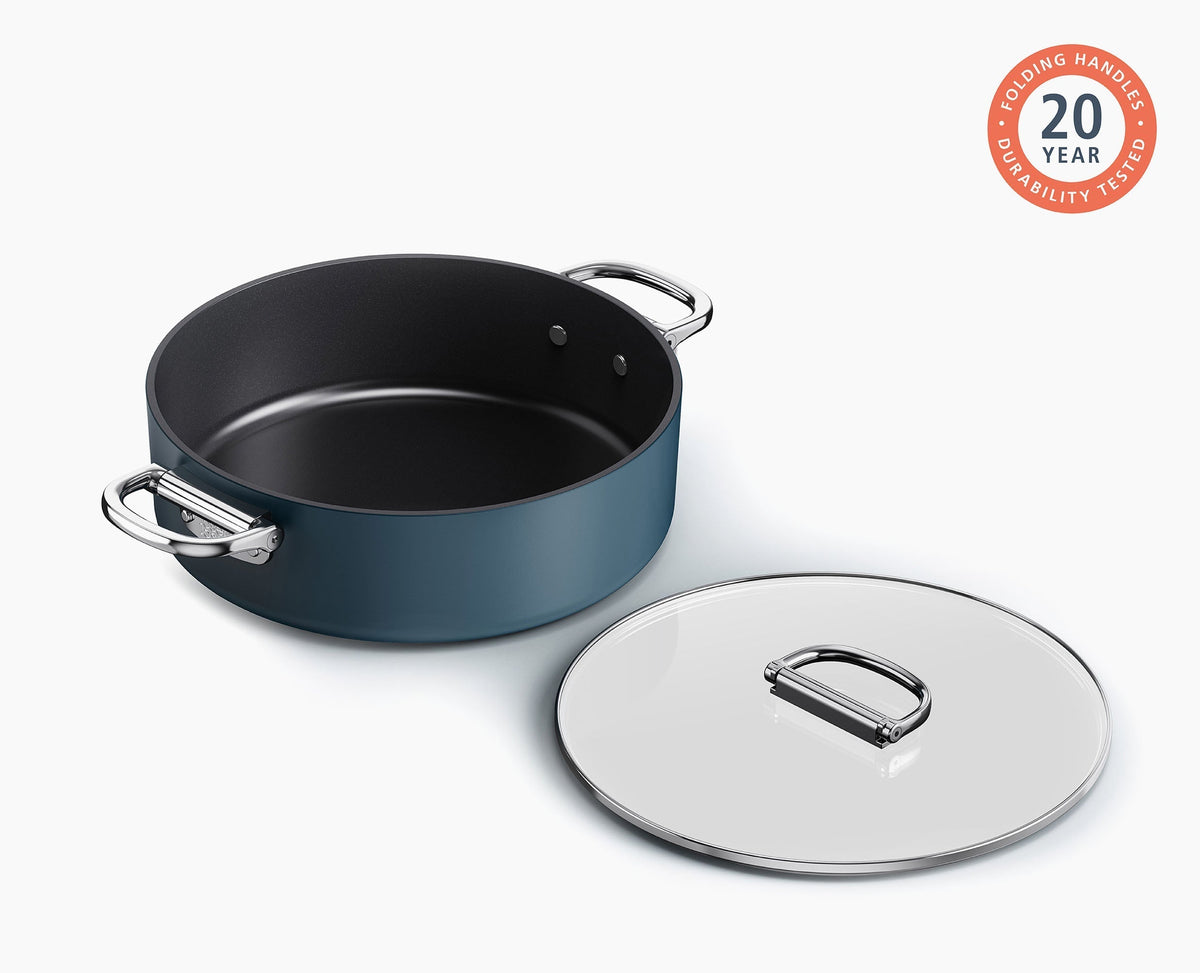 Space Folding Handle Ceramic Non-stick 5 Qt. Blue Shallow Casserole Pan & Lid