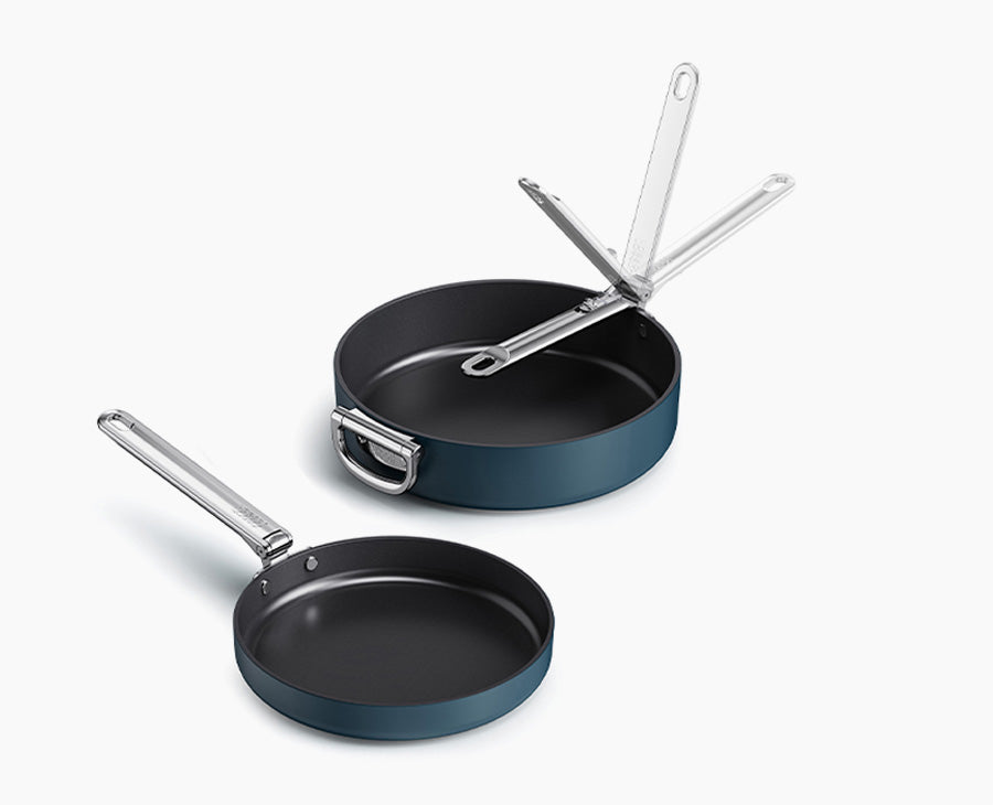 Space Folding Handle Ceramic Non-stick 2-piece Blue Pan Set