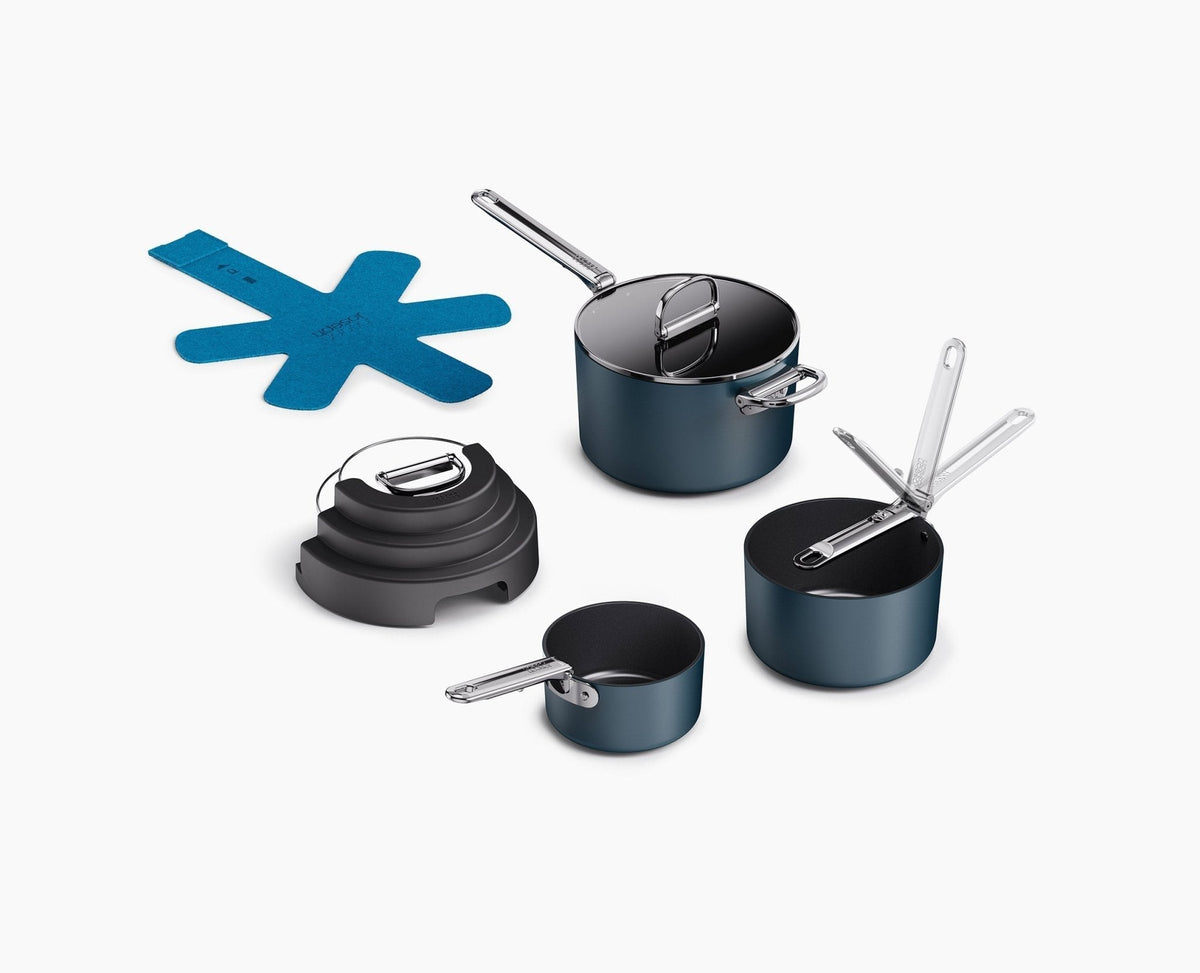Space Stack Folding Handle Non-Stick 7-Piece Blue Saucepan Set With Lid Storage